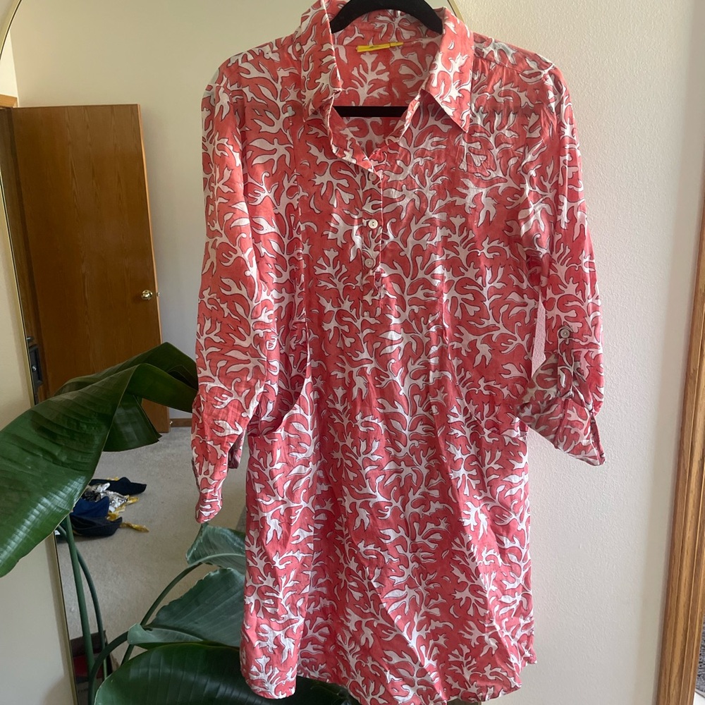 Coral and White Leaf Print Dress